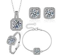 TOEECY Damen Schmuck Set Cubic Zirkonia Anhänger Halskette Armband Ohrringe und Ring Set Hochzeit Schmuck Sets Brautschmuck Hochzeitsschmuck Prom Party (Silber)