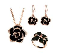 TOEECY Schwarze Rose Schmuckset Halskette Ohrringe Ring Blumen Anhänger Kristall Verzierung Damen Schmuck Elegante Accessoires
