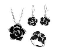 TOEECY Rose Schmuckset für Damen und Mädchen Kamelie Blume Anhänger Halskette Ohrringe und Einstellbar Ringe Set Emaille Zirkonia Schmuck Set für Hochzeit Braut (Silber)