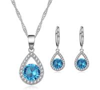TOEECY Schmuckset für Damen und Mädchen Kristalle Anhänger Halskette Ohrringe Set 925 Silber Versilbert Schmuck Set Zirkonia Geschenk Brautschmuck(Blau)