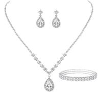 TOEECY Tropfen Zirkonia Schmuckset Hochzeit Halskette Ohrringe Armband Braut Kristall Strass Luxus Silber Elegant