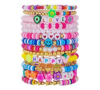 TOFBS 14 Stück Bunte Polymer Clay Perlen Armbänder Set Friedenszeichen Herz Symbol Schmuck Armband Kollektion Handgemachte Armkette