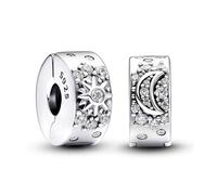 TOFBS 2 Stück Charms Anhänger Damen 925 Sterling Silber Sonne Mond Sterne Pavé Clip Zirkonia Bead Charm Schmuck Geburtstagsgeschenke Denkmal für Frauen Freundin Mutter (Silber)