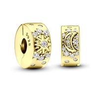 TOFBS 2 Stück Charms Anhänger Damen 925 Sterling Silber Sonne Mond Sterne Pavé Clip Zirkonia Bead Charm Schmuck Geburtstagsgeschenke Denkmal für Frauen Freundin Mutter (Gold#1)