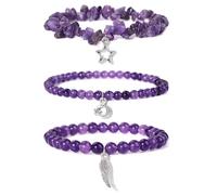TOFBS 3 Stück Amethyst Armband Set Naturstein Perlen Armbänder mit Stern Mond Flügel Anhänger Schmuck Damen Armkette Edelstein Armreif