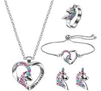 TOFBS 4 Stück Einhorn Schmuckset Mädchen Halskette Armband Ring Ohrringe Kristall Herz Anhänger Schmuck Kinder Jugendzimmer Accessoires Prinzessin Kollektion