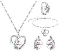 TOFBS 4 Stück Einhorn Schmuckset Mädchen Halskette Armband Ring Ohrringe Kristall Herz Anhänger Schmuck Kinder Jugendzimmer Accessoires Prinzessin Kollektion