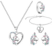 TOFBS 4 Stück Einhorn Schmuckset Mädchen Halskette Armband Ring Ohrringe Kristall Herz Anhänger Schmuck Kinder Jugendzimmer Accessoires Prinzessin Kollektion