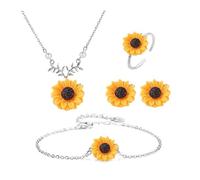 TOFBS 4 Stück Sonnenblumen Schmuckset Halskette Armband Ring Ohrringe Blumen Damen Schmuck Silberkette Perlen Anhänger Natur Motiv