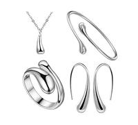 TOFBS 4 Stück Wassertropfen Schmuckset für Damen Mädchen Silber Gold Träne Anhänger Halskette Ohrringe Armband und Ringe Schmuck Set (Silber)