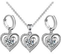 TOFBS Herz Schmuckset Doppelherz Halskette Ohrringe Set Kristall Anhänger Kette Creolen Damen Schmuck Silber Glänzend Elegant Zeitlos