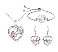 TOFBS Mädchen und Pferd Halskette Ohrringe Armband Schmuckset Silber Herz Anhänger Halskette Geschenke für Mädchen Frauen Freundin Ehefrau Mutter Tochter Pferdeliebhaber
