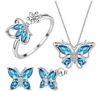TOFBS Schmuck Set Damen Schmetterling Legierung Schmuckset Vierteiliges Ring Ohrringe Halskette Hypoallergene Modeschmuck Geschenke für Frauen Mädchen(Blau)