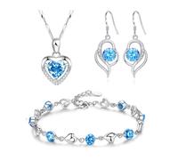 TOFBS Schmuckset Damen Herz Kristall Anhänger Silber Halskette und Ohrringe Set Armkette mit Cubic Zirkonia Brautschmuck Set für Damen Mädchen Hochzeiten Geburtstag Blau