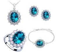 TOFBS Schmuckset für Damen und Mädchen Zirkonia Anhänger Halskette Ohrringe Armband und Ringe Set Prinzessin Diana Schmuck Set (Meeresblau)