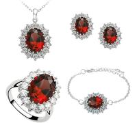 TOFBS Schmuckset für Damen und Mädchen Zirkonia Anhänger Halskette Ohrringe Armband und Ringe Set Prinzessin Diana Schmuck Set (Rot)