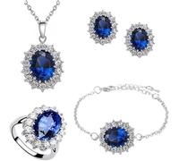TOFBS Schmuckset für Damen und Mädchen Zirkonia Anhänger Halskette Ohrringe Armband und Ringe Set Prinzessin Diana Schmuck Set (Royalblau)