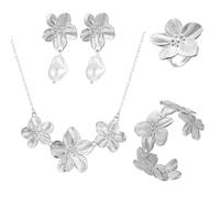 TOFBS Schmuckset für Damen Zarte Blume Metall Blatt Halskette Verstellbares Armband Tropfen Ohrringe und Ring Set Hypoallergene Modeschmuck Geschenke(Silber)
