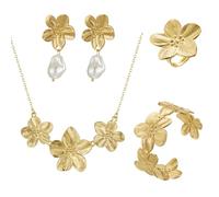 TOFBS Schmuckset für Damen Zarte Blume Metall Blatt Halskette Verstellbares Armband Tropfen Ohrringe und Ring Set Hypoallergene Modeschmuck Geschenke(Gold)