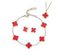 TOFBS Vierblättriges Kleeblatt Schmuckset für Damen Mädchen 18K Roségold Plattiert Edelstahl Zweiseitig Rot Schwarz Vierblättriges Kleeblatt Anhänger Halskette Ohrstecker Armband Schmuck Set (Rot)