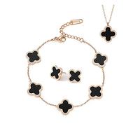 TOFBS Vierblättriges Kleeblatt Schmuckset für Damen und Mädchen 18K Roségold Plattiert Edelstahl Zweiseitig Schwarz Weiß Anhänger Halskette Ohrstecker Armband Emaille Schmuck Set (Schwarz)