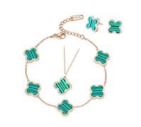 TOFBS Vierblättriges Kleeblatt Schmuckset für Damen und Mädchen 18K Roségold Plattiert Edelstahl Zweiseitig Grün Schwarz Anhänger Halskette Ohrstecker Armband Emaille Schmuck Set (Grün)