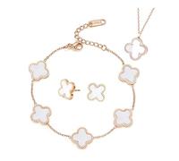 TOFBS Vierblättriges Kleeblatt Schmuckset für Damen und Mädchen 18K Roségold Plattiert Edelstahl Zweiseitig Weiß Schwarz Anhänger Halskette Ohrstecker Armband Emaille Schmuck Set (Weiß)