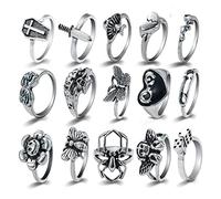 TOFBS Vintage Silber Punk Ringe Set für Männer Frauen Offene Knuckle Emo Ring Stapelbare Gothic Rings Set Fingerringe Boho Y2K Schmetterling Schlange Schädel Herz Blume Ringe (15 Stück)