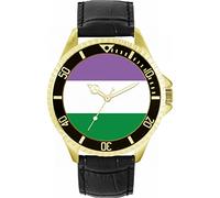 Toff London Pride Genderqueer Flagge Gold Schwarz Leder Drehbare Lünette Uhr