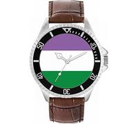 Toff London Pride Genderqueer Flagge Silberbraun Leder Drehbare Lünette Uhr