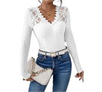 TOFOTL Spitzen Oberteile Damen Netzshirt Basic Top Durchsichtige 80er Transparentes Elegante Lang Durchsichtiges Langarm Modische Wickelbluse Festliche Oberteile Damen Zur Hochzeit Weiß XL