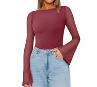 TOFOTL Spitzen Oberteile Damen Top Langarmshirt Elegant Sexy Schickes Enge Oberteile Damen Elegantes Netz Spitzensaum Festliche Transparentes Extra Viktorianische Bluse Wein M
