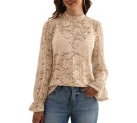 TOFOTL Spitzen Oberteile Damen Top Spitze Transparentes Sexy Spitzen Durchsichtiges Durchsichtig Elegant Cut Out Basic Cut Out Oberteil Damen Spitzenbluse Netzshirt Khaki M