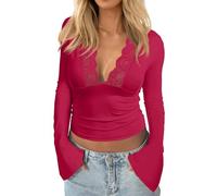 TOFOTL Spitzen Oberteile Damen Transparentes Oberteil Enge Durchsichtig Basic Top 80er Festliche Langarm Spitze Transparente Bluse Cut Out Lace Netzshirt Damen Wein S