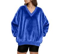 TOFOTL V-Ausschnitt Langärmelig Fleece Ausgefallene Gefüttert College Kuschel Moderne Damen Pullover Teenager Winter Gefütterte Kuschelige Mädchen mit V-Ausschnitt-Pulli Damen Sweatshirt Blau XL