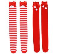 TOGEVAL 2 Paare Weihnachtsstrümpfe Over Knee Socks mit Schleife und Bommel Elastische Knielange Weihnachtssocken aus Strapazierfähigem Polyester Atmungsaktiv und Bequem für Xmas Party