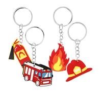TOGEVAL 4 Stück Pack Feuerwehr Schlüsselanhänger Cartoon Metall Kleine Taschenanhänger mit Feuerwehrauto Helm Löschschlauch Feuerwehrmann Partygeschenk für Feuerwehr Fans