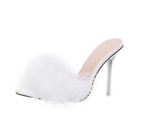 TOGEVAL Damen Hausschuhe mit Hohem Absatz aus Transparentem Kristallglas Spitze Zehen Dünner Absatz Flauschiges Innenfutter rutschfest Modische Pumps für Zuhause und Party