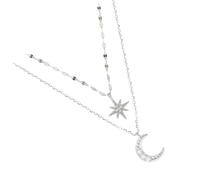 TOGEVAL Einstellbare Layered Choker Halskette Damen mit Strass Stern Mond Anhänger Lange Doppelschichtige Silber Kette Eleganter Schmuck für Hochzeit Geburtstag Valentinstag