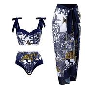 TOKYMOON Damen Bikini Set Rüschen V Ausschnitt High Waist Bikinis Bauchweg Bademode Vintage Blumenmuster Sexy Badeanzug 3 Teilig Damen Retro Schwimmanzug Strandkleid Bikini Tiger M