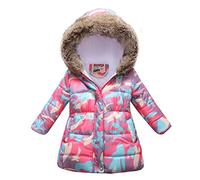 TOKYMOON Mädchen Winterjacke mit Fellkapuze Kinder Wintermantel Steppjacke Warm Parka Übergangsjacke Outdoorjacke Jungs Kinder Karikatur Winddicht Reißverschluss Mantel Rot Blume 134-140