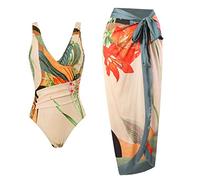 TOKYMOON Retro Badeanzug Damen Bikini Set v Ausschnitt Sexy high Waist Vintage Floral Print Monokini Badeanzüge Bademode Damen Tankini Badeanzug Wrap Beach Skirt Elegant Swimsuit Beige L