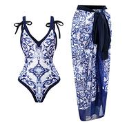 TOKYMOON Retro Badeanzug Damen Bikini Set v Ausschnitt Sexy high Waist Vintage Floral Print Monokini Badeanzüge Bademode Damen Tankini Badeanzug Wrap Beach Skirt Elegant Swimsuit Blau M