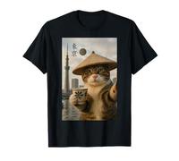 Tokyo Katze im Strohhut mit Teetasse Skytree City View Japan T-Shirt