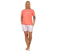 Toller Damen Kurzarm Schlafanzug Shorty Pyjama, Hose floraler Print, Farbe:apricot, Größe:36-38