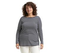 Langarmshirt TOM TAILOR PLUS, Damen, Gr. 48, navy sanftes weiß tee stripe, Jersey, Obermaterial: 97% Baumwolle, 3% Elasthan, gestreift, casual, normal hüftbedeckend, U-Boot-Ausschnitt, Langarm, Shirts