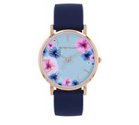 Tom Tailor Damen Armbanduhr 2100506 Blumenmotiv Roségold IP Silikonband dunkelblau