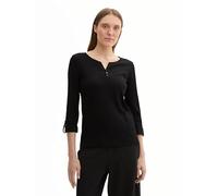 TOM TAILOR Damen Henley Longsleeve mit Streifen aus Bio-Baumwolle, 14482 - Deep Black, M