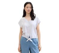 TOM TAILOR Denim Damen Bluse mit Knotendetail und Leinen-Anteil, light blue white small stripe, XXL