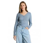 Henleyshirt TOM TAILOR DENIM, Damen, Gr. XL, mid blau weiß stripe, Rippware, Obermaterial: 95% Baumwolle, 5% Elasthan, gestreift, regular fit normal, V-Ausschnitt, gerader Abschluss, Shirts, mit Strei